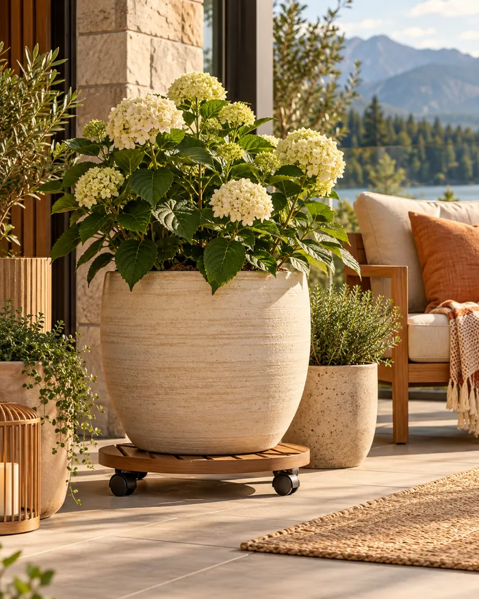 Sunlit garden pots on a decorative platform on a patio