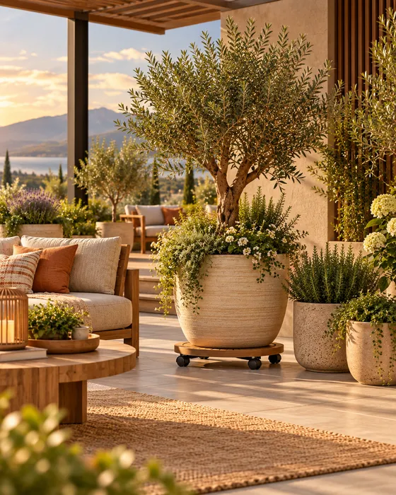 Garden styling scene for terrace layers with planted pots on platforms