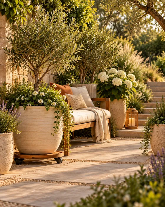 Garden styling scene for garden retreats with planted pots on platforms