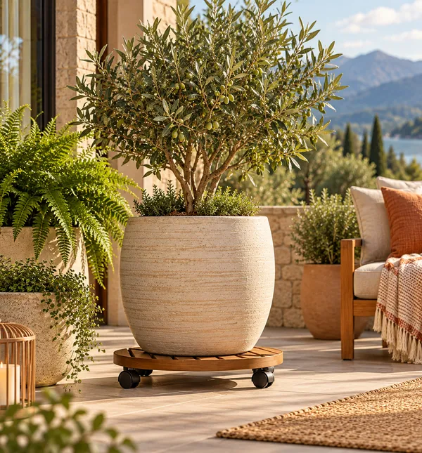Round planter platform arranged in a natural patio setting