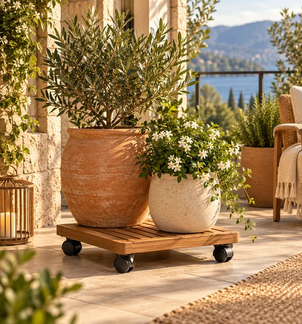 Square garden platform styled with flower pots