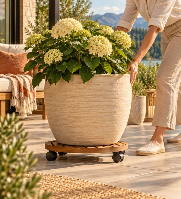 Planter being carefully moved on a garden platform across patio paving