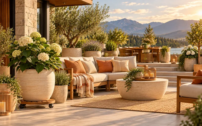 Relaxed outdoor seating area with coordinated potted plants on platforms